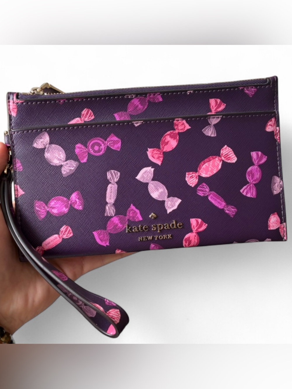 Kate Spade Purple Wristlet with Pink Candy Print